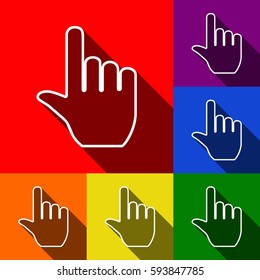 Hand sign illustration. Vector. Set of icons with flat shadows at red, orange, yellow, green, blue and violet background.