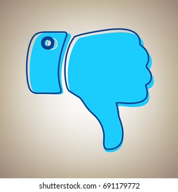 Hand sign illustration. Vector. Sky blue icon with defected blue contour on beige background.