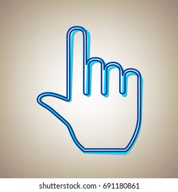 Hand sign illustration. Vector. Sky blue icon with defected blue contour on beige background.