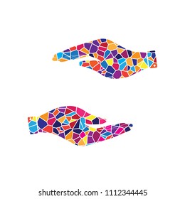 Hand sign illustration. Vector. Stained glass icon on white background. Colorful polygons. Isolated.