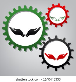 Hand sign illustration. Vector. Three connected gears with icons at grayish background.
