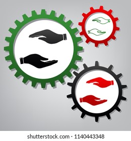 Hand sign illustration. Vector. Three connected gears with icons at grayish background.