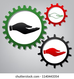 Hand sign illustration. Vector. Three connected gears with icons at grayish background.