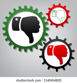 Hand sign illustration. Vector. Three connected gears with icons at grayish background.