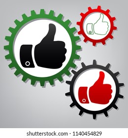 Hand sign illustration. Vector. Three connected gears with icons at grayish background.