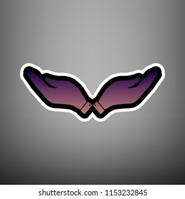 Hand sign illustration. Vector. Violet gradient icon with black and white linear edges at gray background.