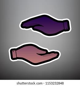 Hand sign illustration. Vector. Violet gradient icon with black and white linear edges at gray background.