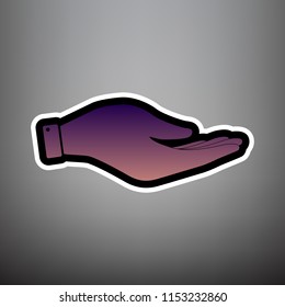 Hand sign illustration. Vector. Violet gradient icon with black and white linear edges at gray background.