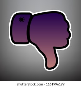 Hand sign illustration. Vector. Violet gradient icon with black and white linear edges at gray background.