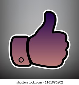 Hand sign illustration. Vector. Violet gradient icon with black and white linear edges at gray background.