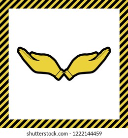 Hand sign illustration. Vector. Warm yellow icon with black contour in frame named as under construction at white background. Isolated.