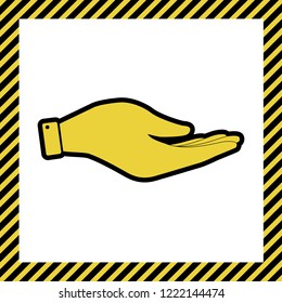 Hand sign illustration. Vector. Warm yellow icon with black contour in frame named as under construction at white background. Isolated.