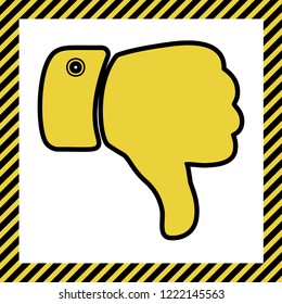 Hand sign illustration. Vector. Warm yellow icon with black contour in frame named as under construction at white background. Isolated.