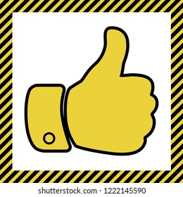 Hand sign illustration. Vector. Warm yellow icon with black contour in frame named as under construction at white background. Isolated.