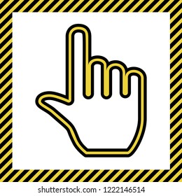 Hand sign illustration. Vector. Warm yellow icon with black contour in frame named as under construction at white background. Isolated.