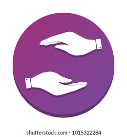 Hand sign illustration. Vector. White icon with flat shadow on purpureus circle at white background. Isolated.