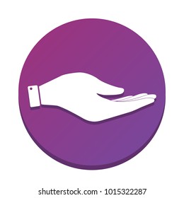 Hand sign illustration. Vector. White icon with flat shadow on purpureus circle at white background. Isolated.