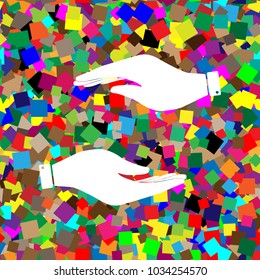 Hand sign illustration. Vector. White icon on colorful background with seamless pattern from squares.