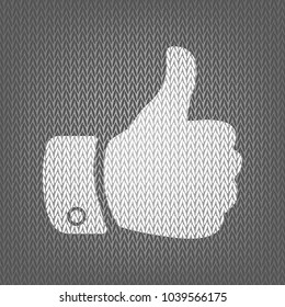 Hand sign illustration. Vector. White knitted icon on gray knitted background. Isolated.