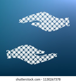 Hand sign illustration. Vector. White textured icon at lapis lazuli gradient background.