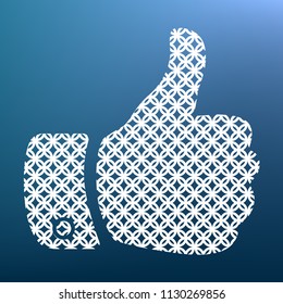 Hand sign illustration. Vector. White textured icon at lapis lazuli gradient background.