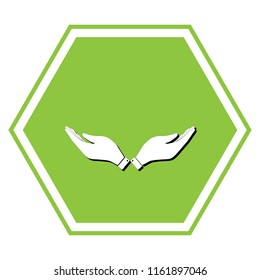 Hand sign illustration. Vector. White icon with black shadow at yellow green honeycomb on white background.