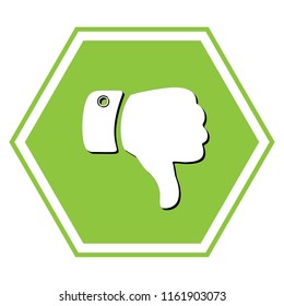 Hand sign illustration. Vector. White icon with black shadow at yellow green honeycomb on white background.