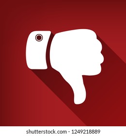 Hand sign illustration. Vector. White icon with limitless shadow at ruby red background.