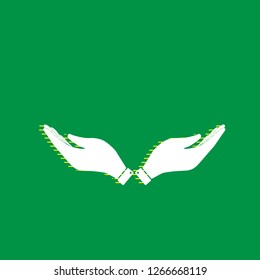 Hand sign illustration. Vector. White flat icon with yellow striped shadow at green background.