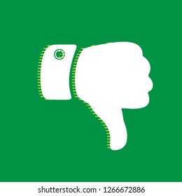 Hand sign illustration. Vector. White flat icon with yellow striped shadow at green background.