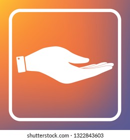 Hand sign illustration. Vector. White icon on transparent button at orange-violet gradient background.