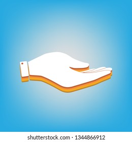 Hand sign illustration. Vector. White icon with 3d warm-colored gradient body at sky blue background.