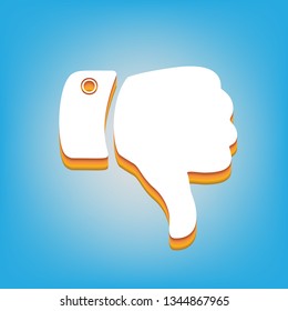 Hand sign illustration. Vector. White icon with 3d warm-colored gradient body at sky blue background.