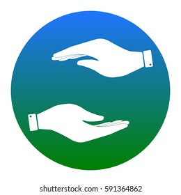 Hand sign illustration. Vector. White icon in bluish circle on white background. Isolated.