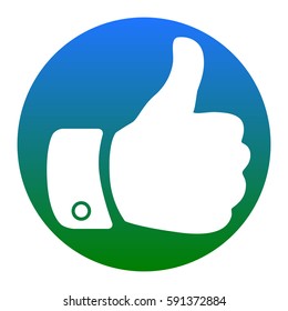 Hand sign illustration. Vector. White icon in bluish circle on white background. Isolated.