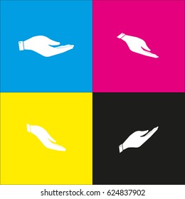 Hand sign illustration. Vector. White icon with isometric projections on cyan, magenta, yellow and black backgrounds.