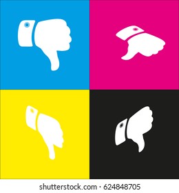 Hand sign illustration. Vector. White icon with isometric projections on cyan, magenta, yellow and black backgrounds.