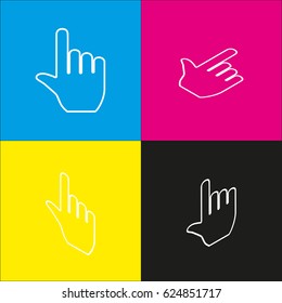Hand sign illustration. Vector. White icon with isometric projections on cyan, magenta, yellow and black backgrounds.