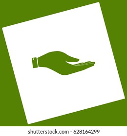 Hand sign illustration. Vector. White icon obtained as a result of subtraction rotated square and path. Avocado background.