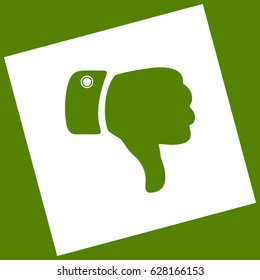 Hand sign illustration. Vector. White icon obtained as a result of subtraction rotated square and path. Avocado background.