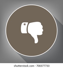 Hand sign illustration. Vector. White icon on brown circle with white contour and long shadow at gray background. Like top view on postament.