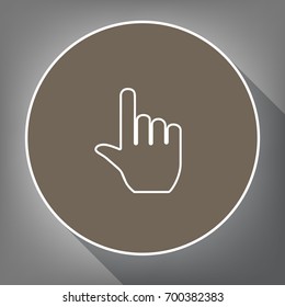 Hand sign illustration. Vector. White icon on brown circle with white contour and long shadow at gray background. Like top view on postament.