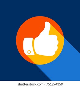 Hand sign illustration. Vector. White icon on tangelo circle with infinite shadow of light at cool black background. Selective yellow and bright navy blue are produced.