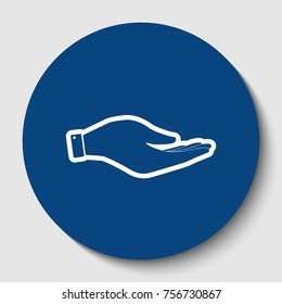 Hand sign illustration. Vector. White contour icon in dark cerulean circle at white background. Isolated.