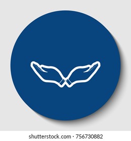 Hand sign illustration. Vector. White contour icon in dark cerulean circle at white background. Isolated.