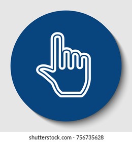 Hand sign illustration. Vector. White contour icon in dark cerulean circle at white background. Isolated.