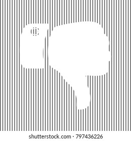 Hand sign illustration. Vector. White icon on grayish striped background. Optical illusion.