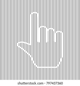 Hand sign illustration. Vector. White icon on grayish striped background. Optical illusion.