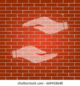 Hand sign illustration. Vector. Whitish icon on brick wall as background.
