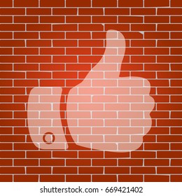 Hand sign illustration. Vector. Whitish icon on brick wall as background.